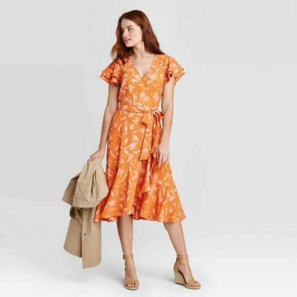 a • new day Women's Floral Print Ruffle Short Sleeve Wrap Dress